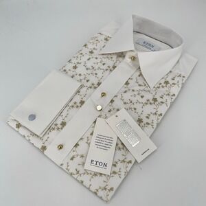 Eton Dress Shirt Men 15 1/2-39 White Gold Floral Contemporary Collared Button Up